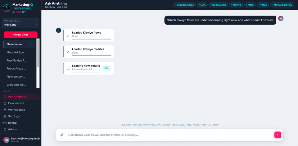 Animated: a question streams into a full flow audit