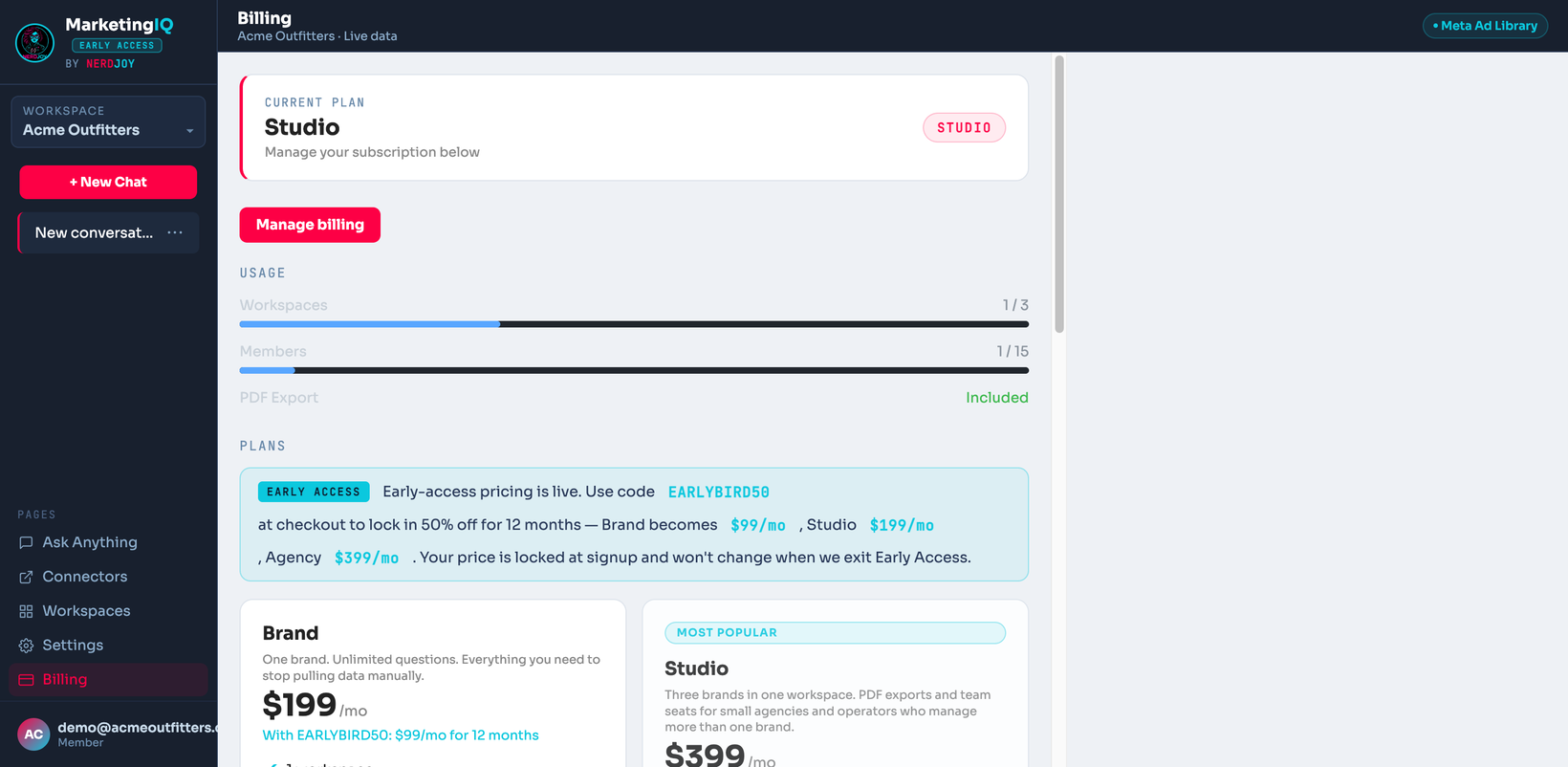 Billing page with plan usage and early-access pricing