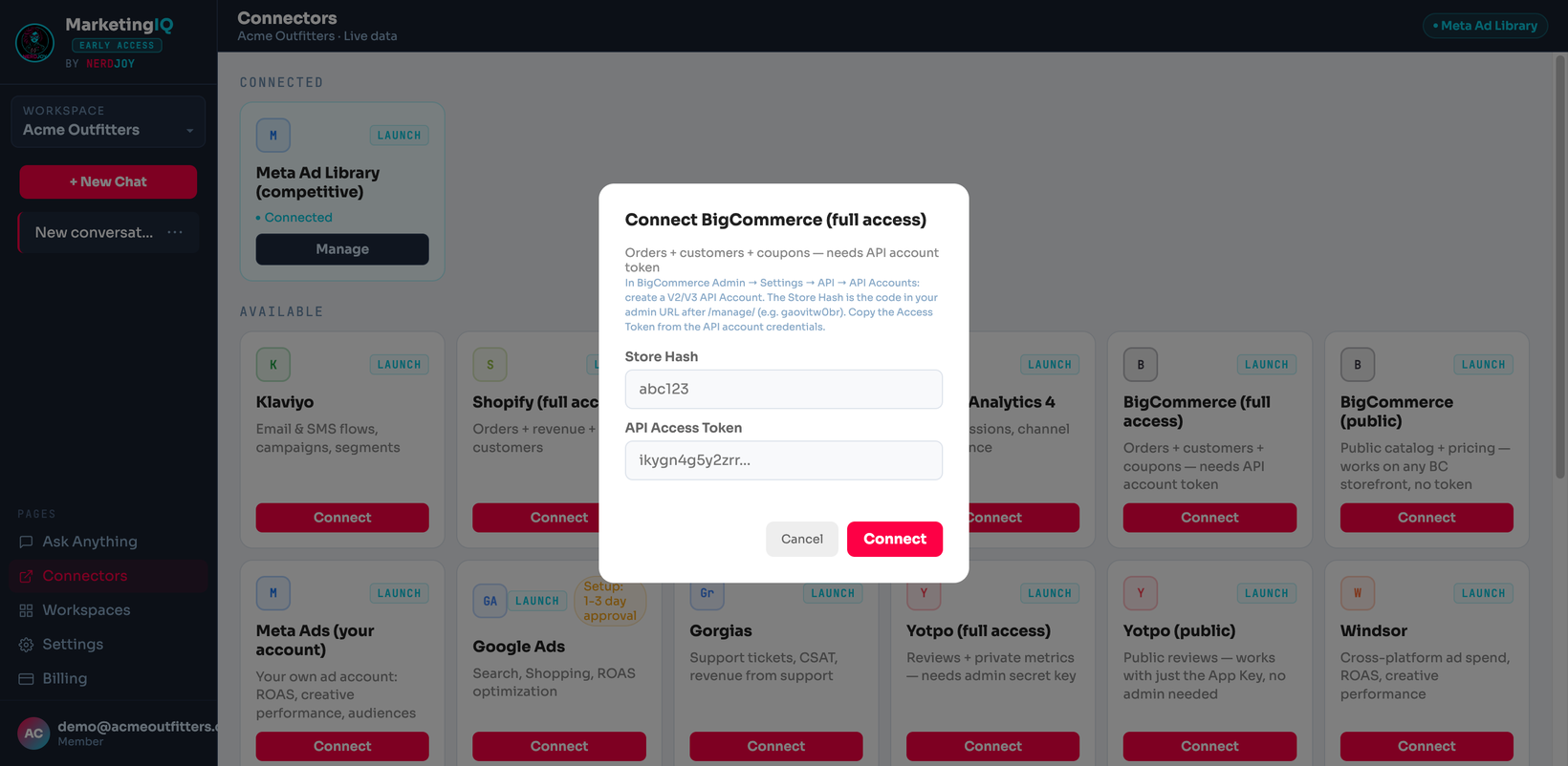 Connect dialog with credential instructions