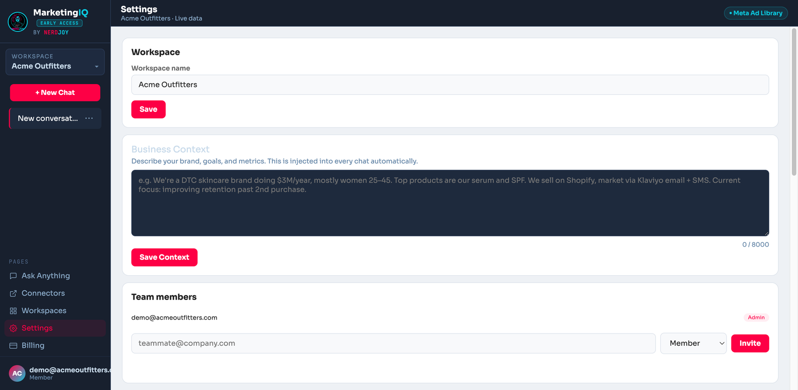 Workspace settings with team invite