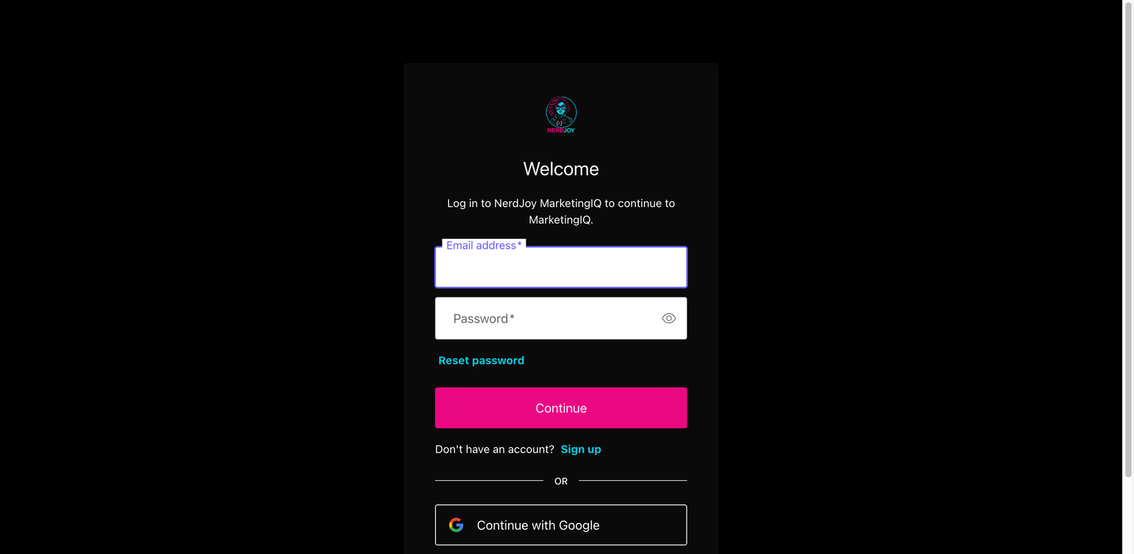MarketingIQ sign-up screen